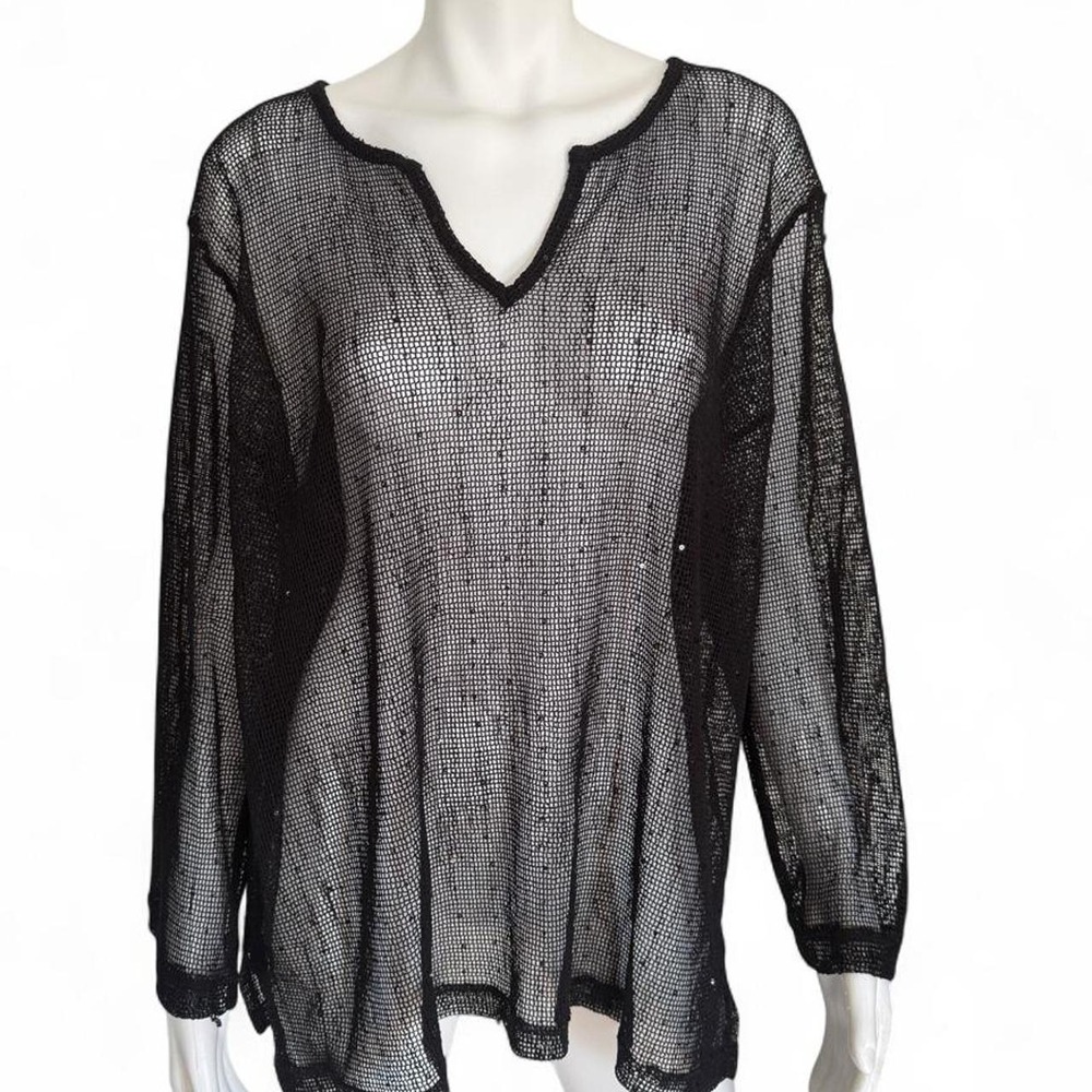 Black Sheer Mesh Sequin Long Sleeve Top Oversized Open Knit Tunic Goth Black